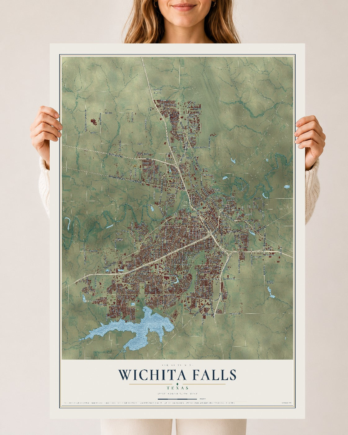 Map of Wichita Falls, Texas, 24 x 36 inch unframed archival matte print