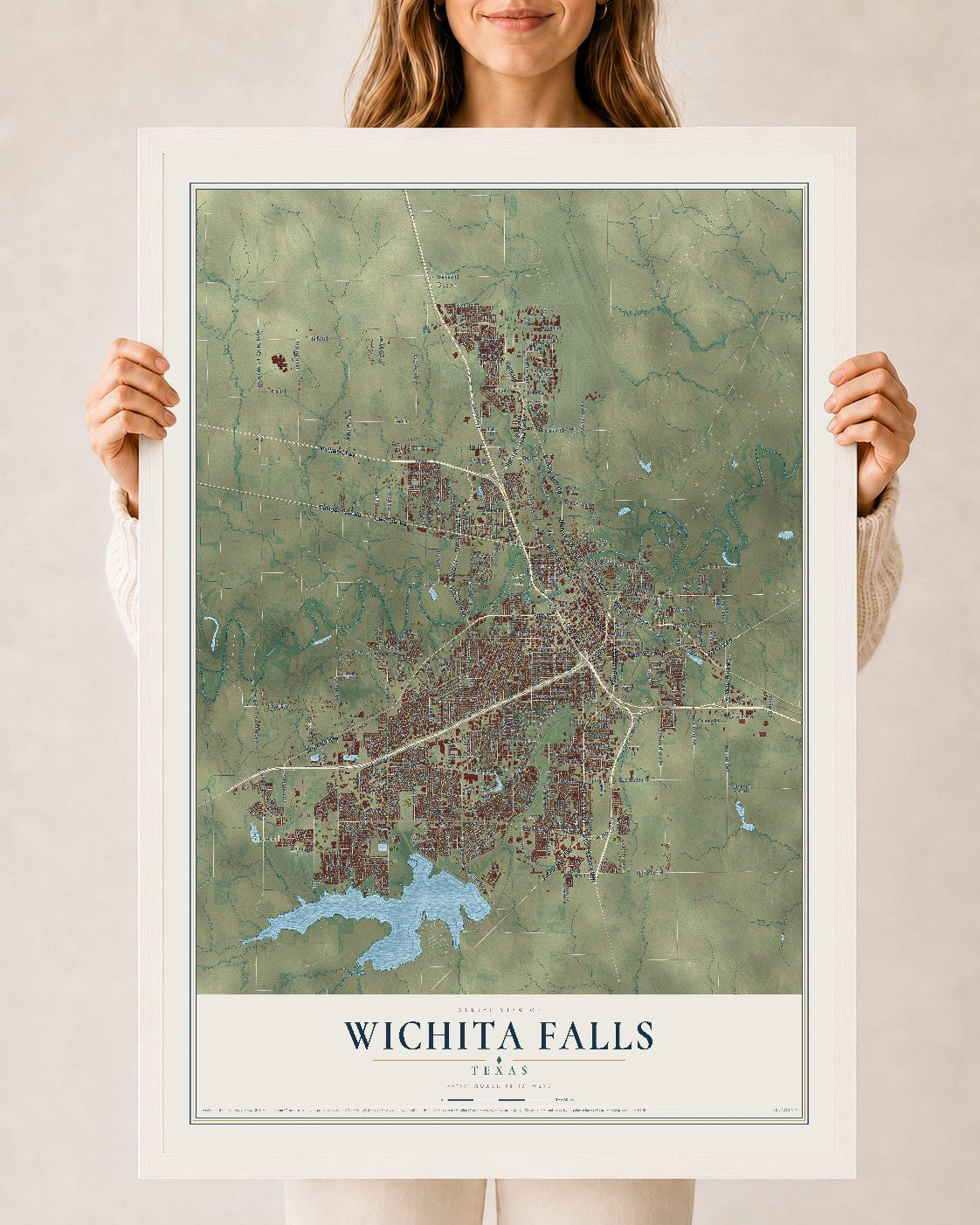 Map of Wichita Falls, Texas, 24 x 36 inch print in a white wood frame