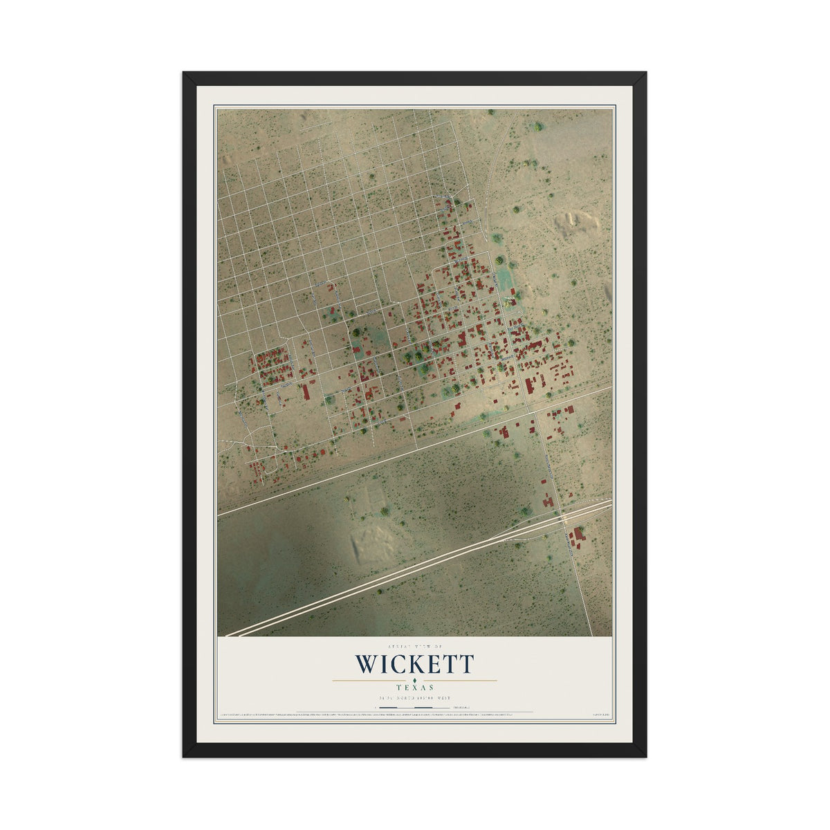 Map of Wickett, Texas, 12 x 18 inch print in a black wood frame