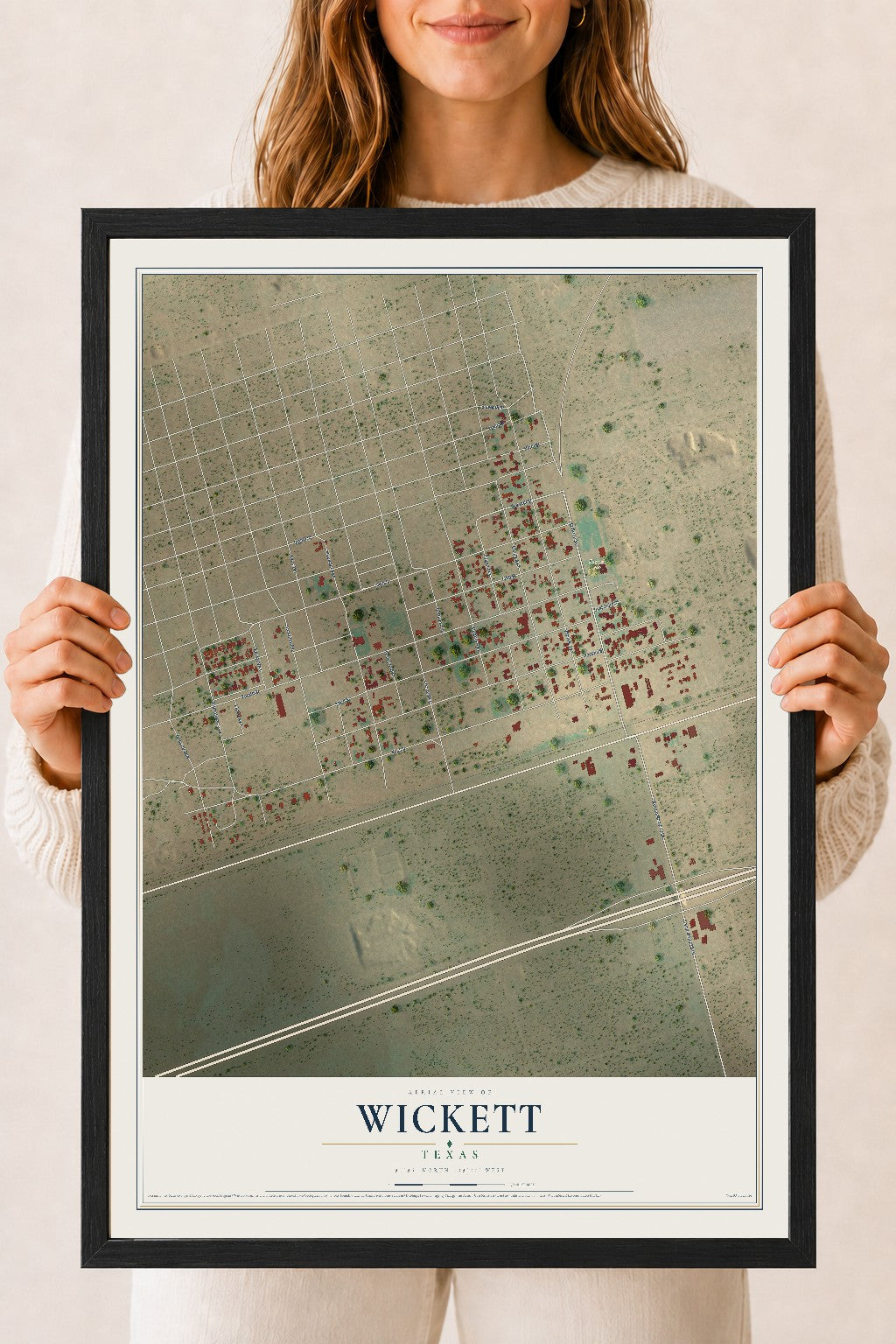 Map of Wickett, Texas, 18 x 24 inch print in a black wood frame