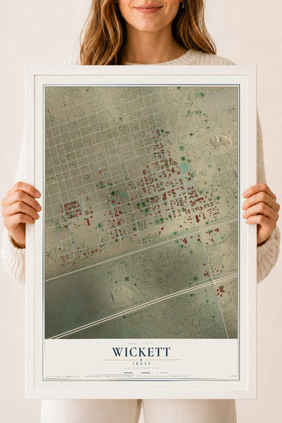 Map of Wickett, Texas, 18 x 24 inch print in a white wood frame