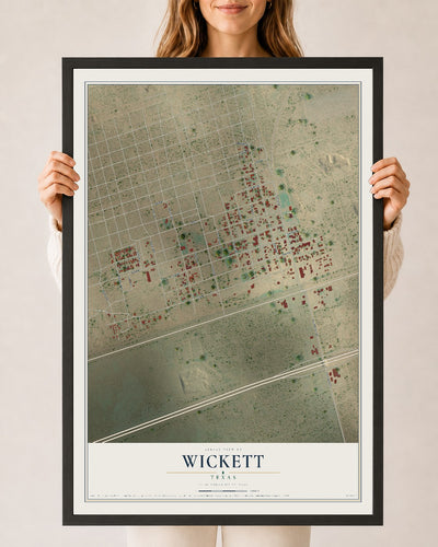 Map of Wickett, Texas, 24 x 36 inch print in a black wood frame