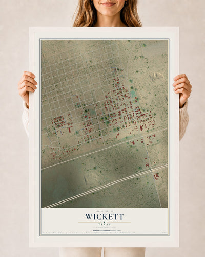 Map of Wickett, Texas, 24 x 36 inch print in a white wood frame