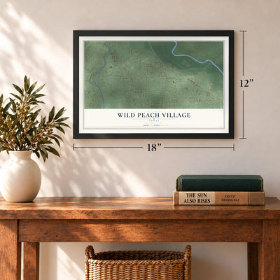 Wild Peach Village, Texas map, 12 x 18 inch print in a black frame in an entryway