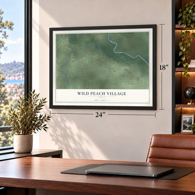 Wild Peach Village, Texas map, 18 x 24 inch print in a black frame in a home office