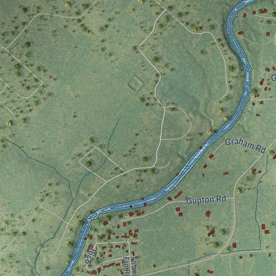 Close-up of the map of Wild Peach Village, Texas print showing street and building detail