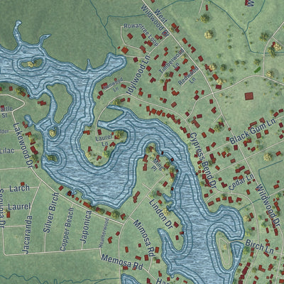 Close-up of the map of Wildwood, Texas print showing street and building detail