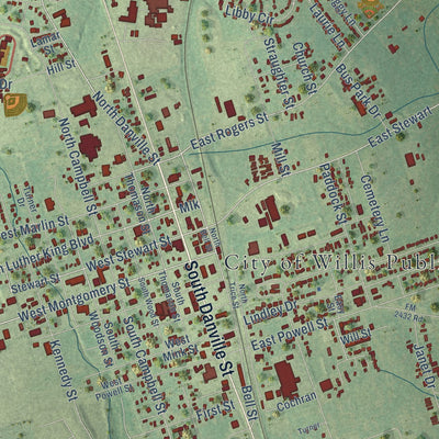 Close-up of the map of Willis, Texas print showing street and building detail