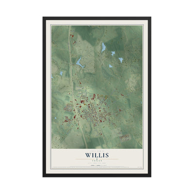 Map of Willis, Texas, 12 x 18 inch print in a black wood frame