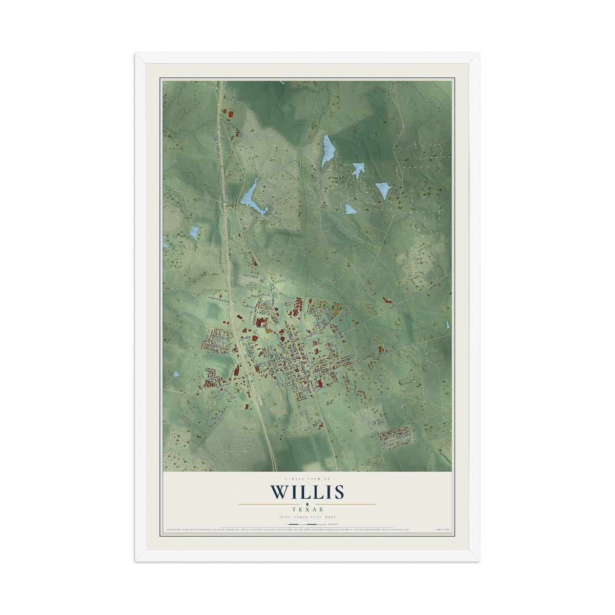 Map of Willis, Texas, 12 x 18 inch print in a white wood frame