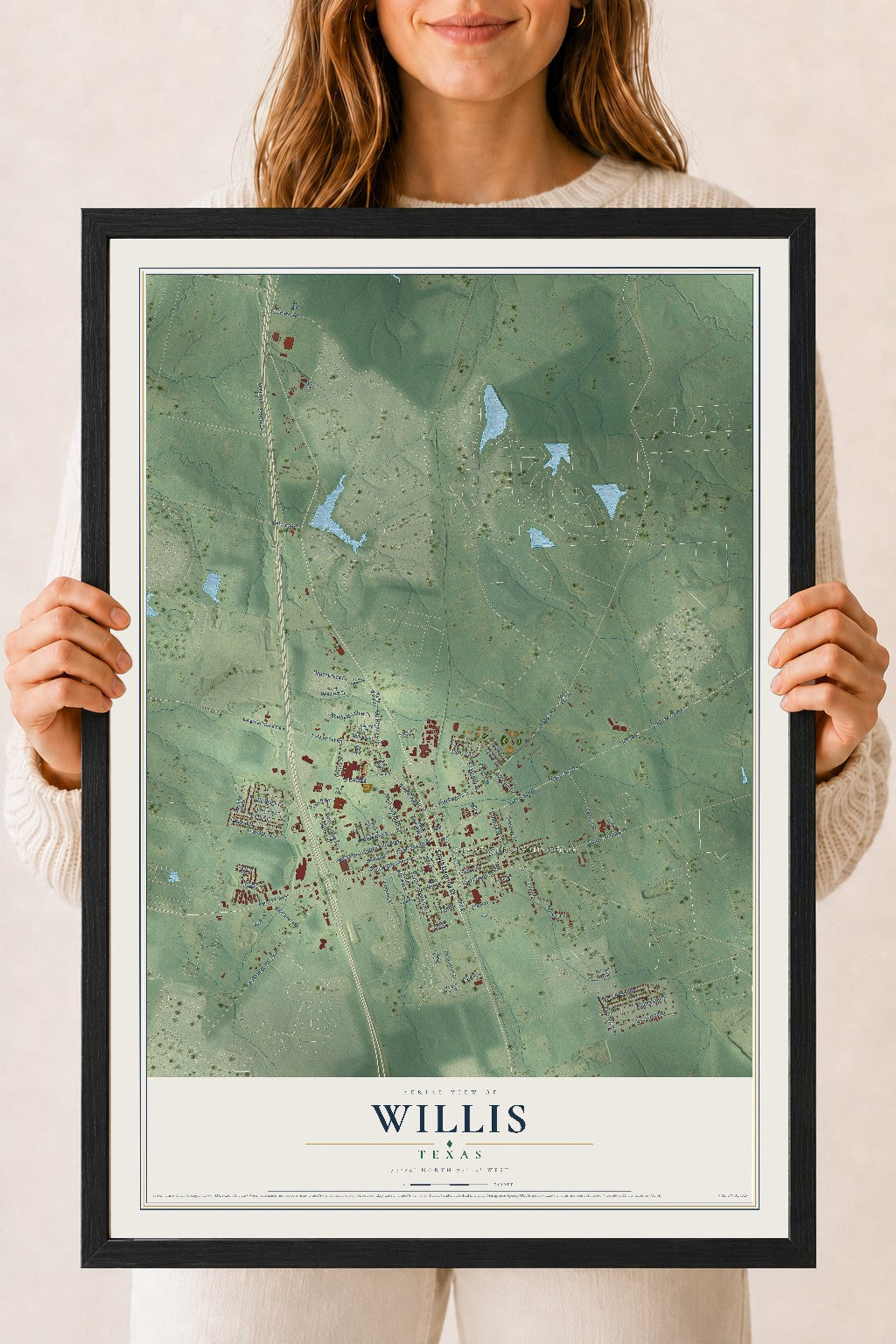 Map of Willis, Texas, 18 x 24 inch print in a black wood frame
