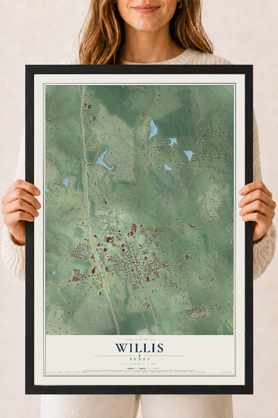 Map of Willis, Texas, 18 x 24 inch print in a black wood frame