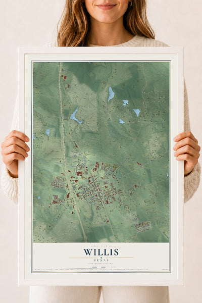 Map of Willis, Texas, 18 x 24 inch print in a white wood frame