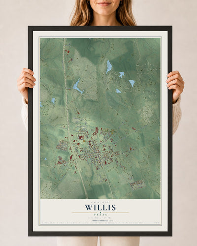 Map of Willis, Texas, 24 x 36 inch print in a black wood frame
