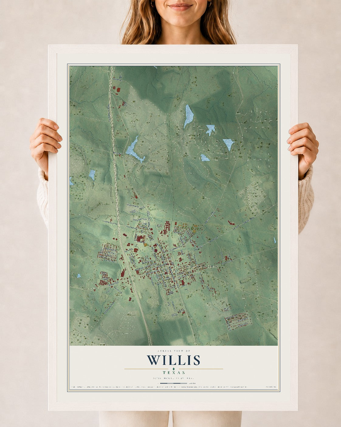 Map of Willis, Texas, 24 x 36 inch print in a white wood frame