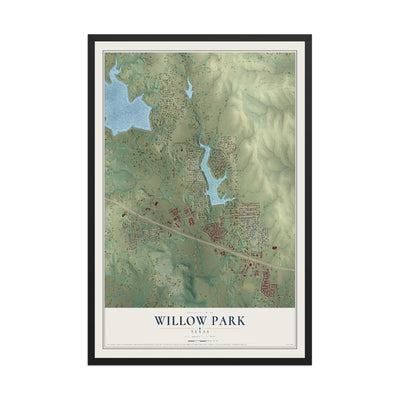 Map of Willow Park, Texas, 12 x 18 inch print in a black wood frame