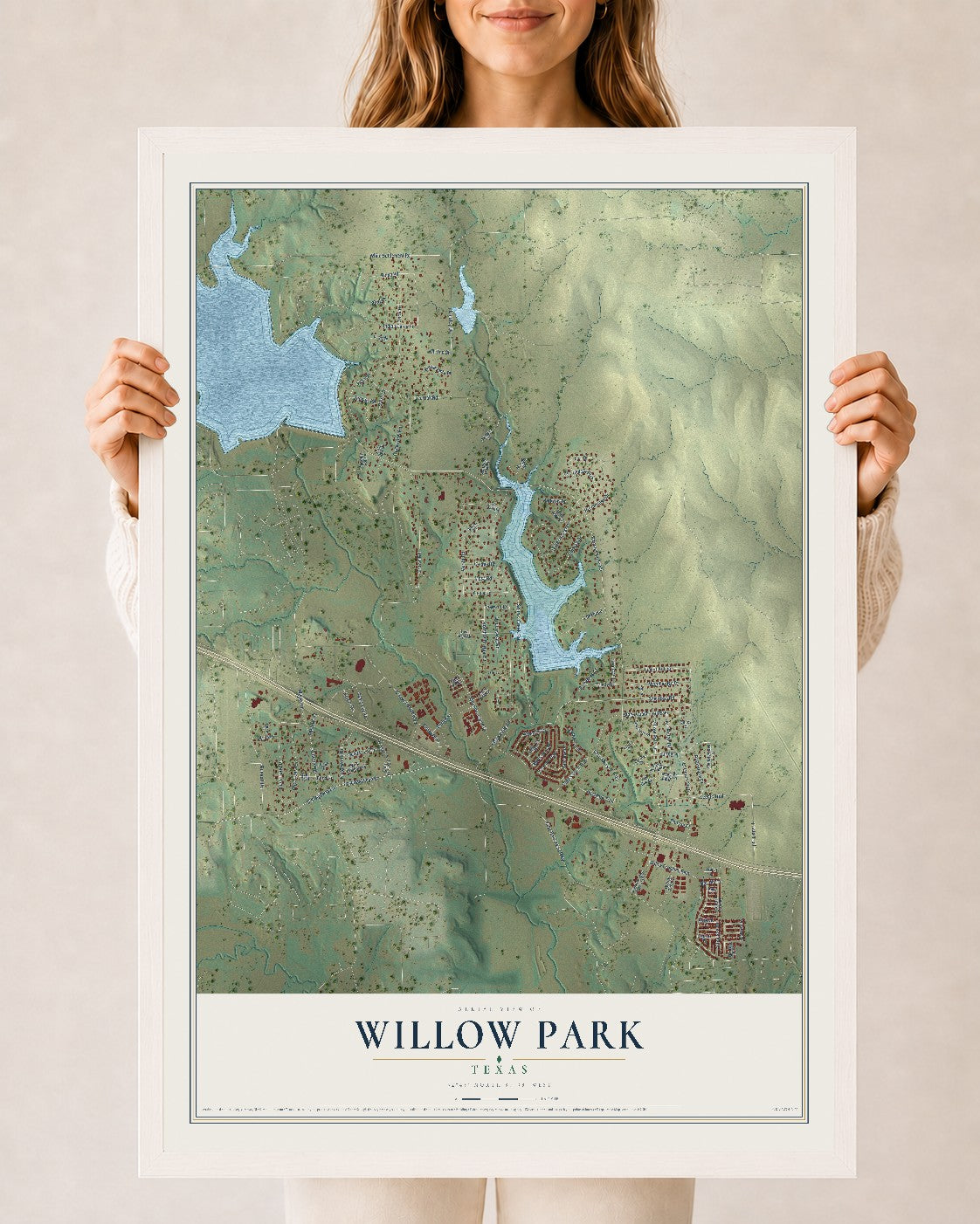 Map of Willow Park, Texas, 24 x 36 inch print in a white wood frame