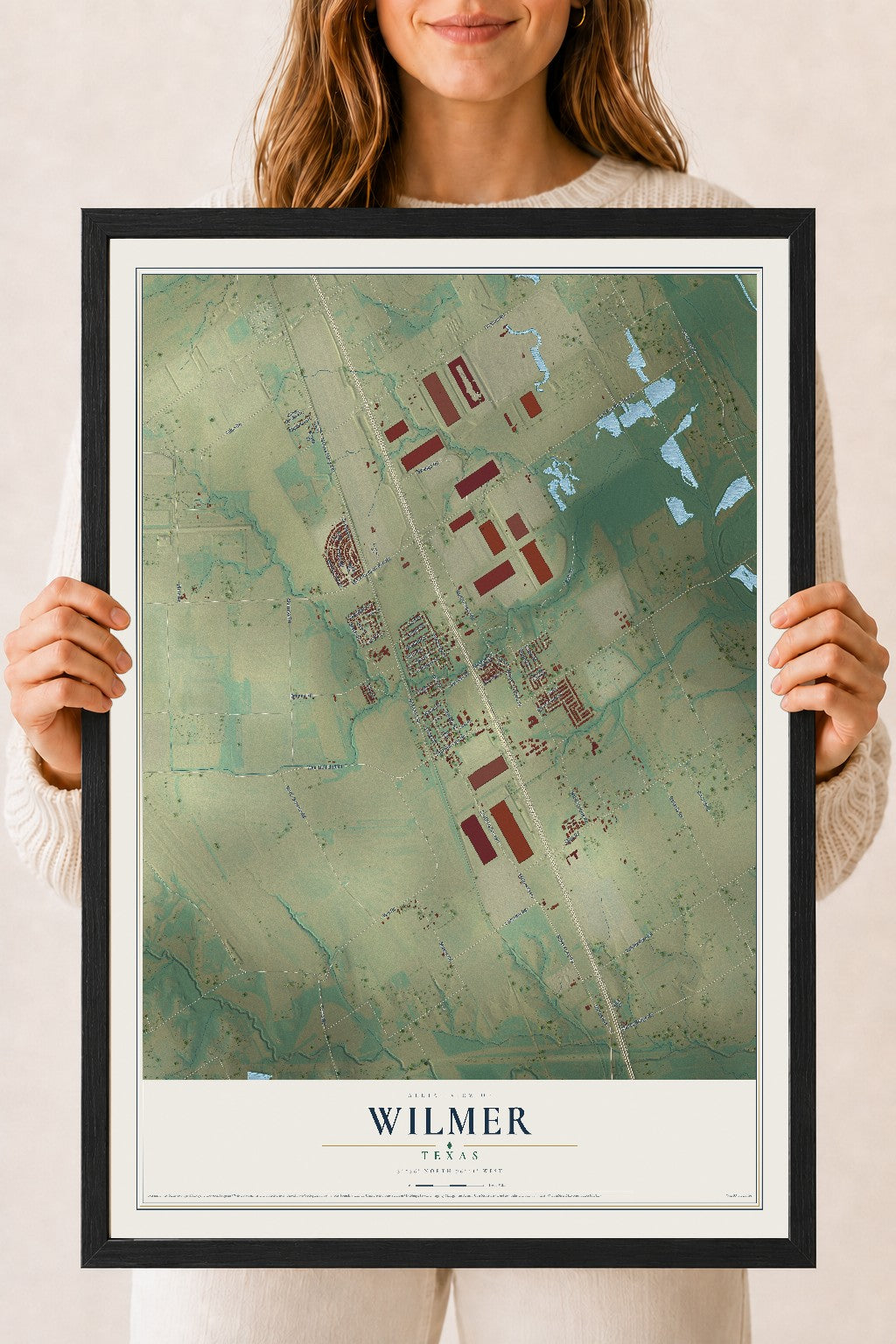 Map of Wilmer, Texas, 18 x 24 inch print in a black wood frame