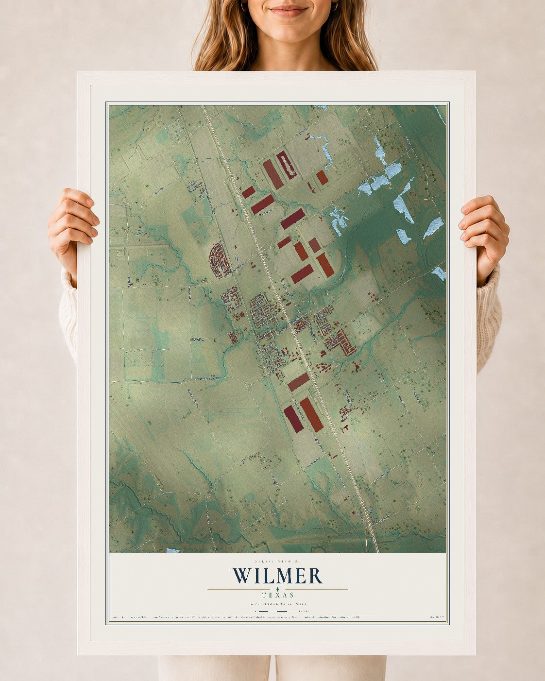 Map of Wilmer, Texas, 24 x 36 inch print in a white wood frame