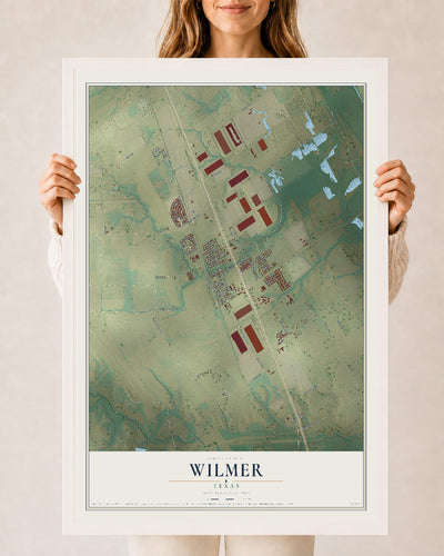 Map of Wilmer, Texas, 24 x 36 inch print in a white wood frame