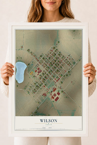 Map of Wilson, Texas, 18 x 24 inch print in a white wood frame