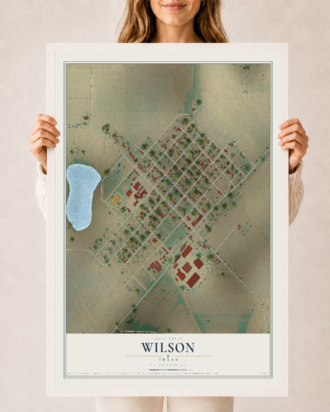 Map of Wilson, Texas, 24 x 36 inch print in a white wood frame