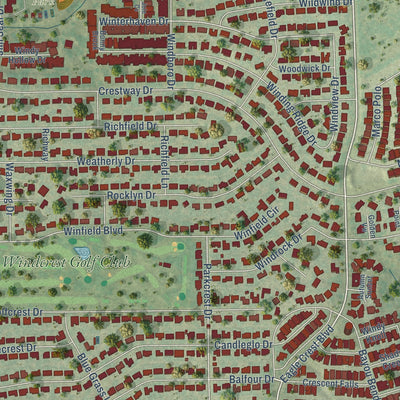 Close-up of the map of Windcrest, Texas print showing street and building detail