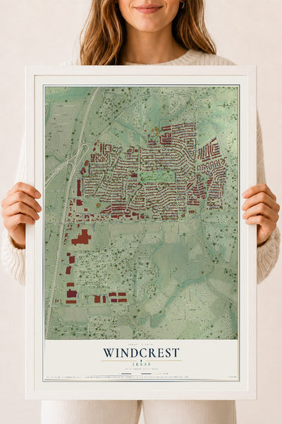 Map of Windcrest, Texas, 18 x 24 inch print in a white wood frame