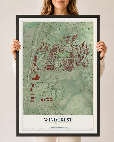Map of Windcrest, Texas, 24 x 36 inch print in a black wood frame