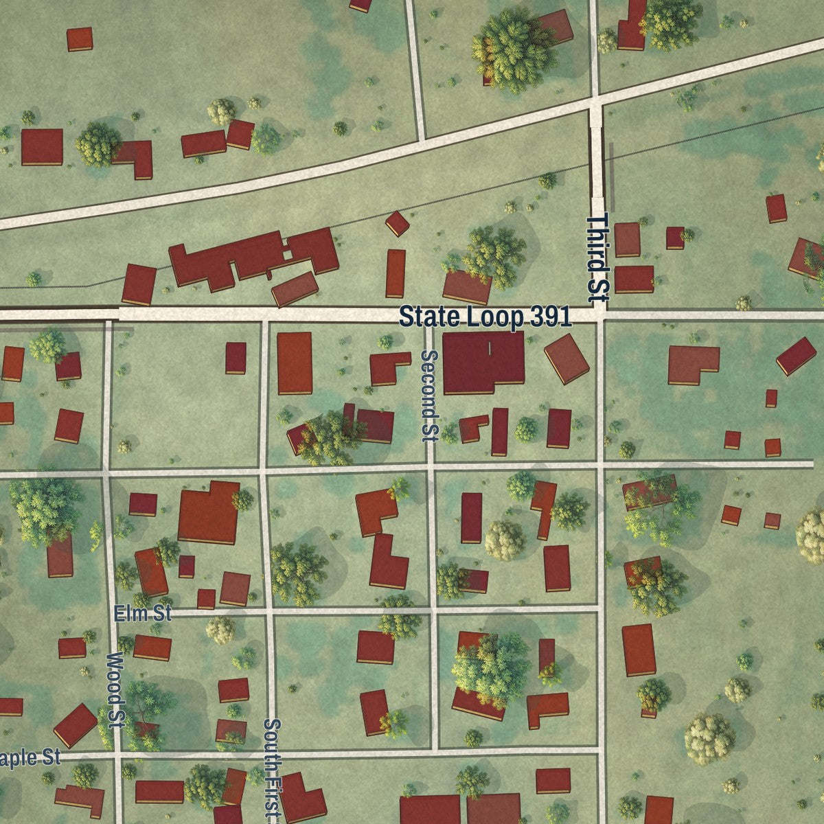 Close-up of the map of Windom, Texas print showing street and building detail