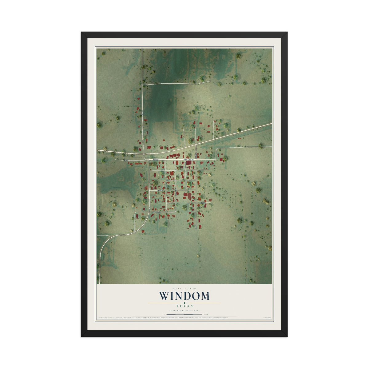 Map of Windom, Texas, 12 x 18 inch print in a black wood frame