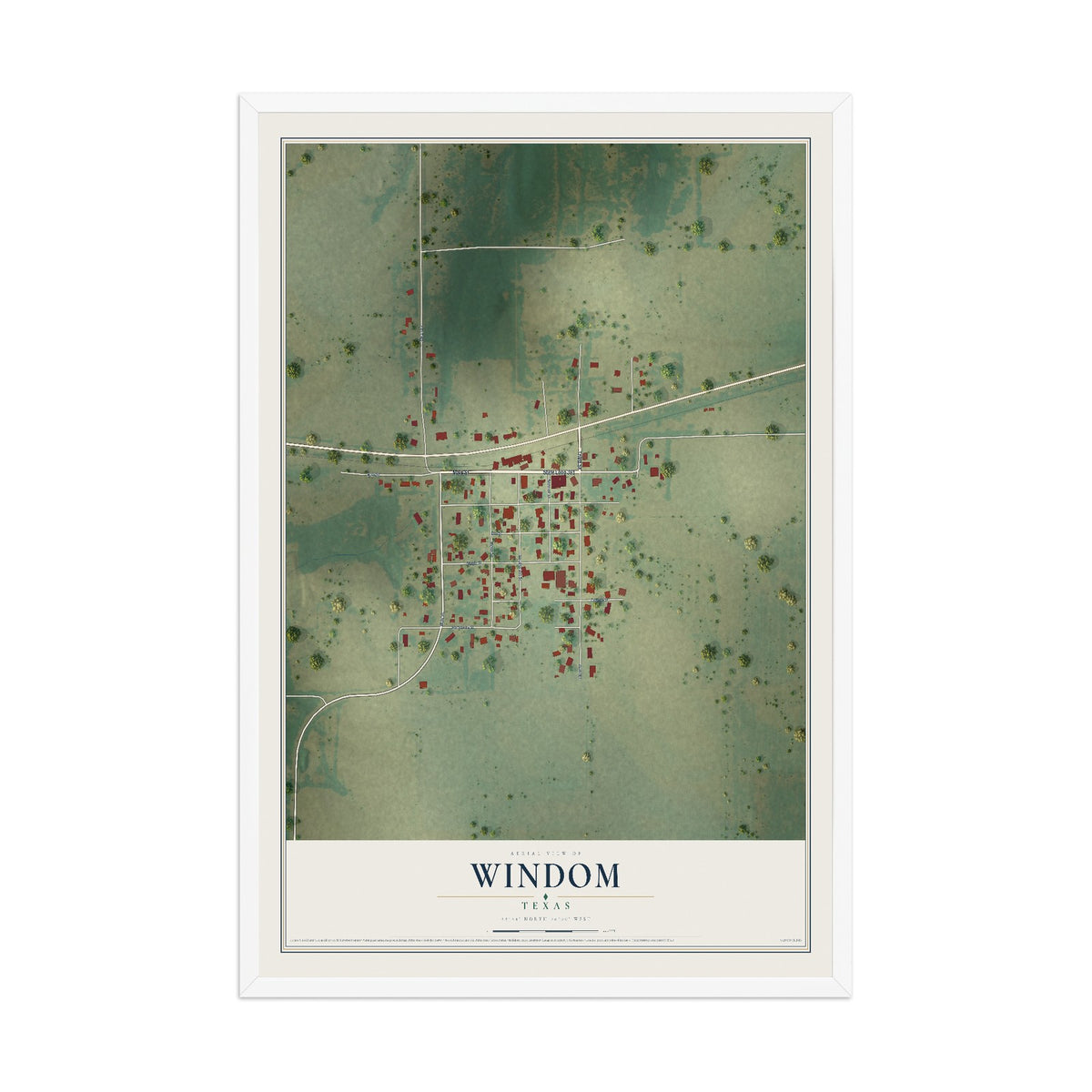 Map of Windom, Texas, 12 x 18 inch print in a white wood frame