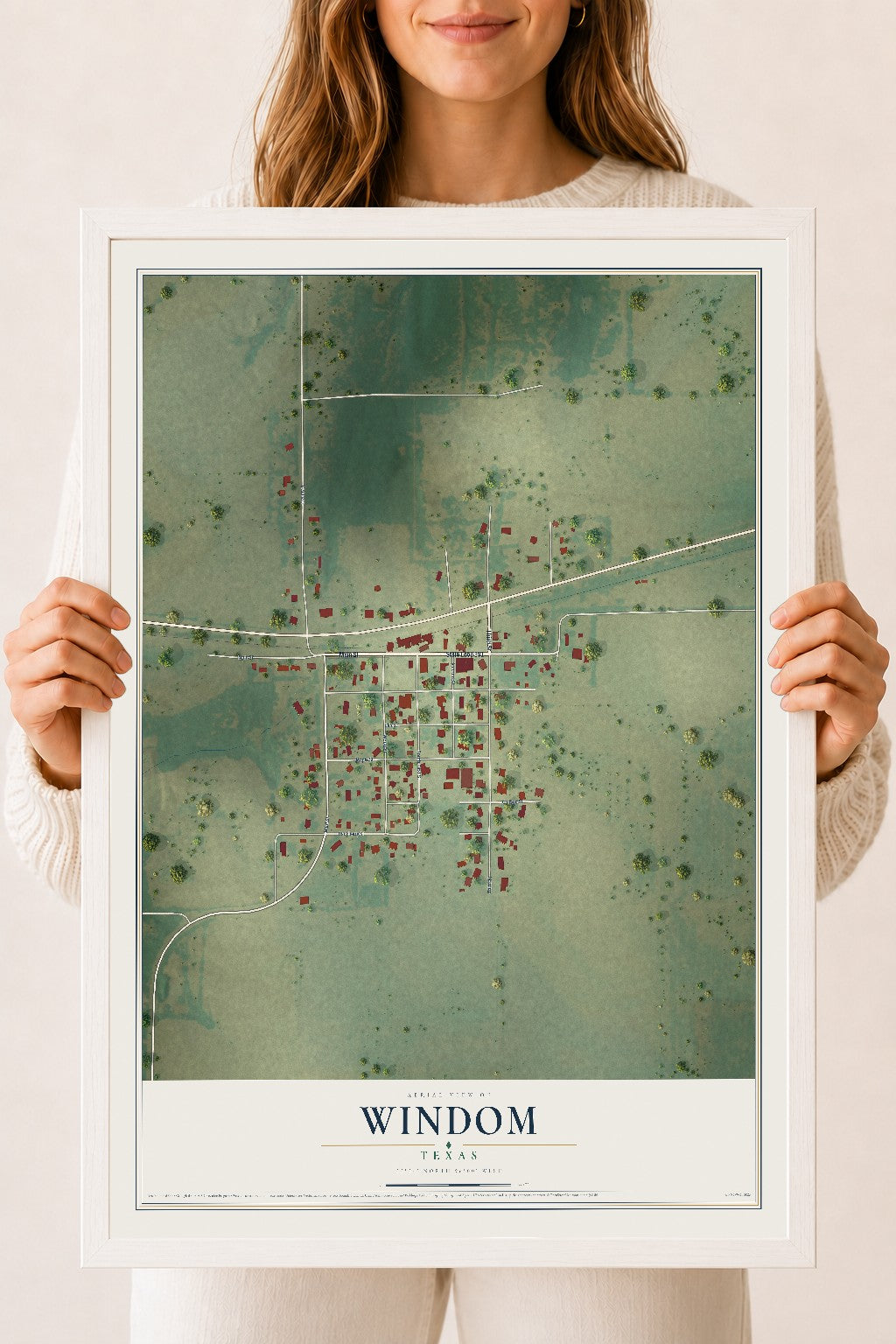 Map of Windom, Texas, 18 x 24 inch print in a white wood frame