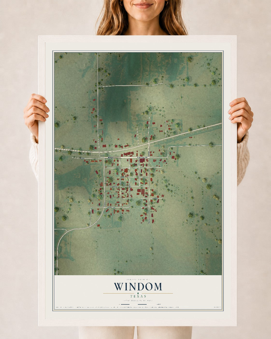 Map of Windom, Texas, 24 x 36 inch print in a white wood frame