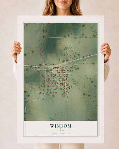 Map of Windom, Texas, 24 x 36 inch print in a white wood frame