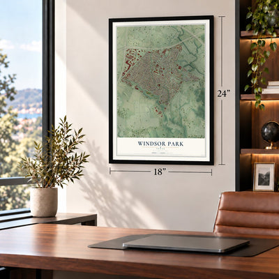 Windsor Park, Texas map, 18 x 24 inch print in a black frame in a home office