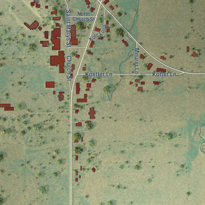 Close-up of the map of Windthorst, Texas print showing street and building detail