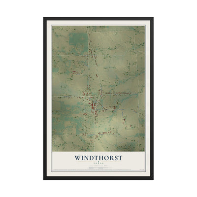 Map of Windthorst, Texas, 12 x 18 inch print in a black wood frame
