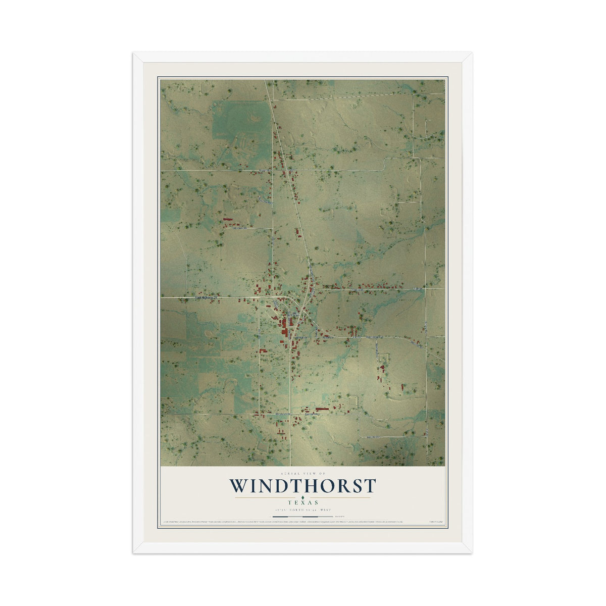 Map of Windthorst, Texas, 12 x 18 inch print in a white wood frame