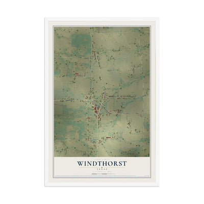 Map of Windthorst, Texas, 12 x 18 inch print in a white wood frame