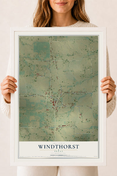 Map of Windthorst, Texas, 18 x 24 inch print in a white wood frame
