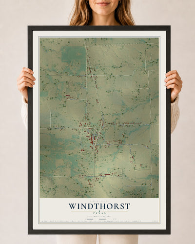 Map of Windthorst, Texas, 24 x 36 inch print in a black wood frame