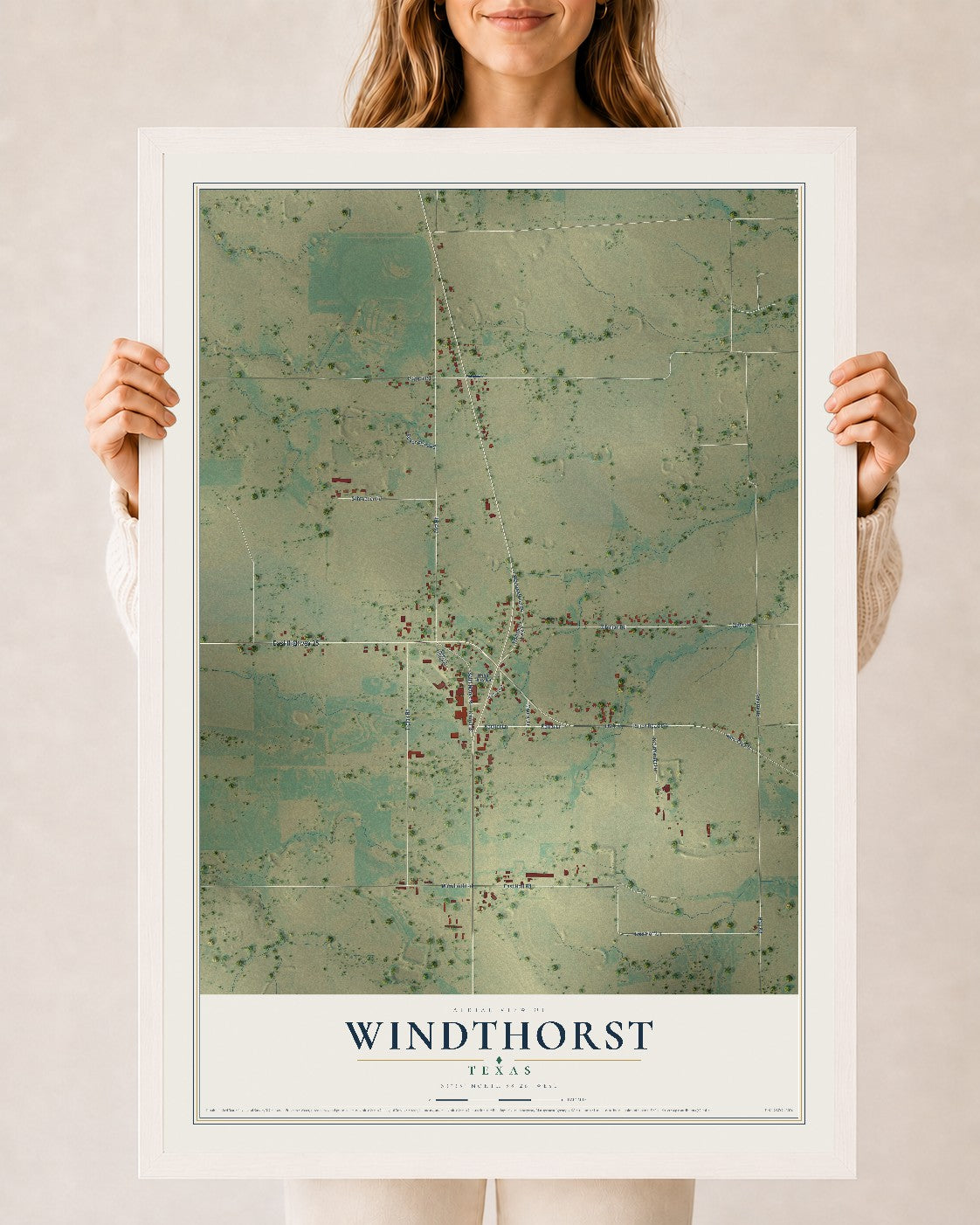 Map of Windthorst, Texas, 24 x 36 inch print in a white wood frame