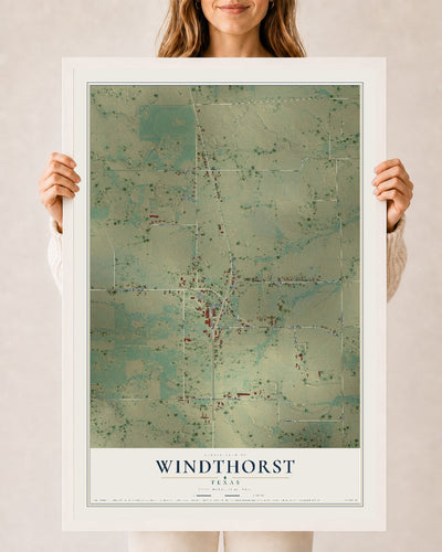 Map of Windthorst, Texas, 24 x 36 inch print in a white wood frame