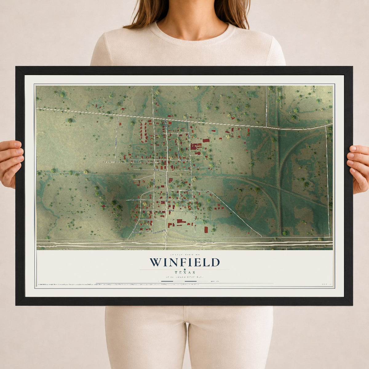 Map of Winfield, Texas, 18 x 24 inch print in a black wood frame