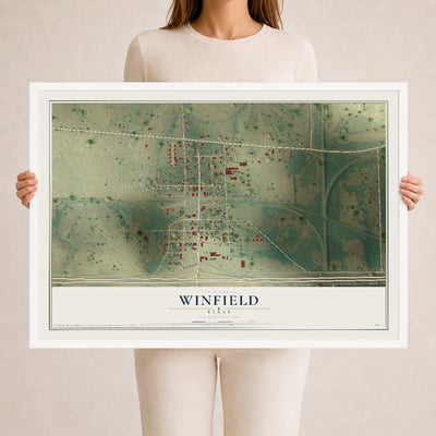 Map of Winfield, Texas, 24 x 36 inch print in a white wood frame