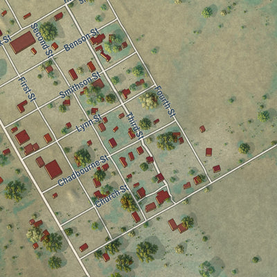 Close-up of the map of Wingate, Texas print showing street and building detail