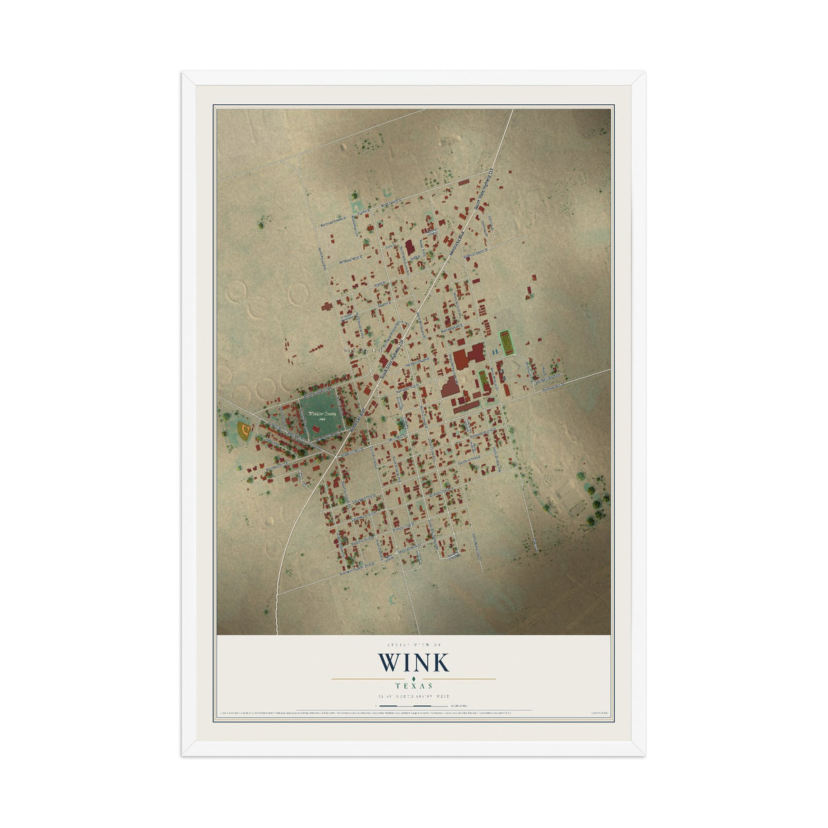 Map of Wink, Texas, 12 x 18 inch print in a white wood frame