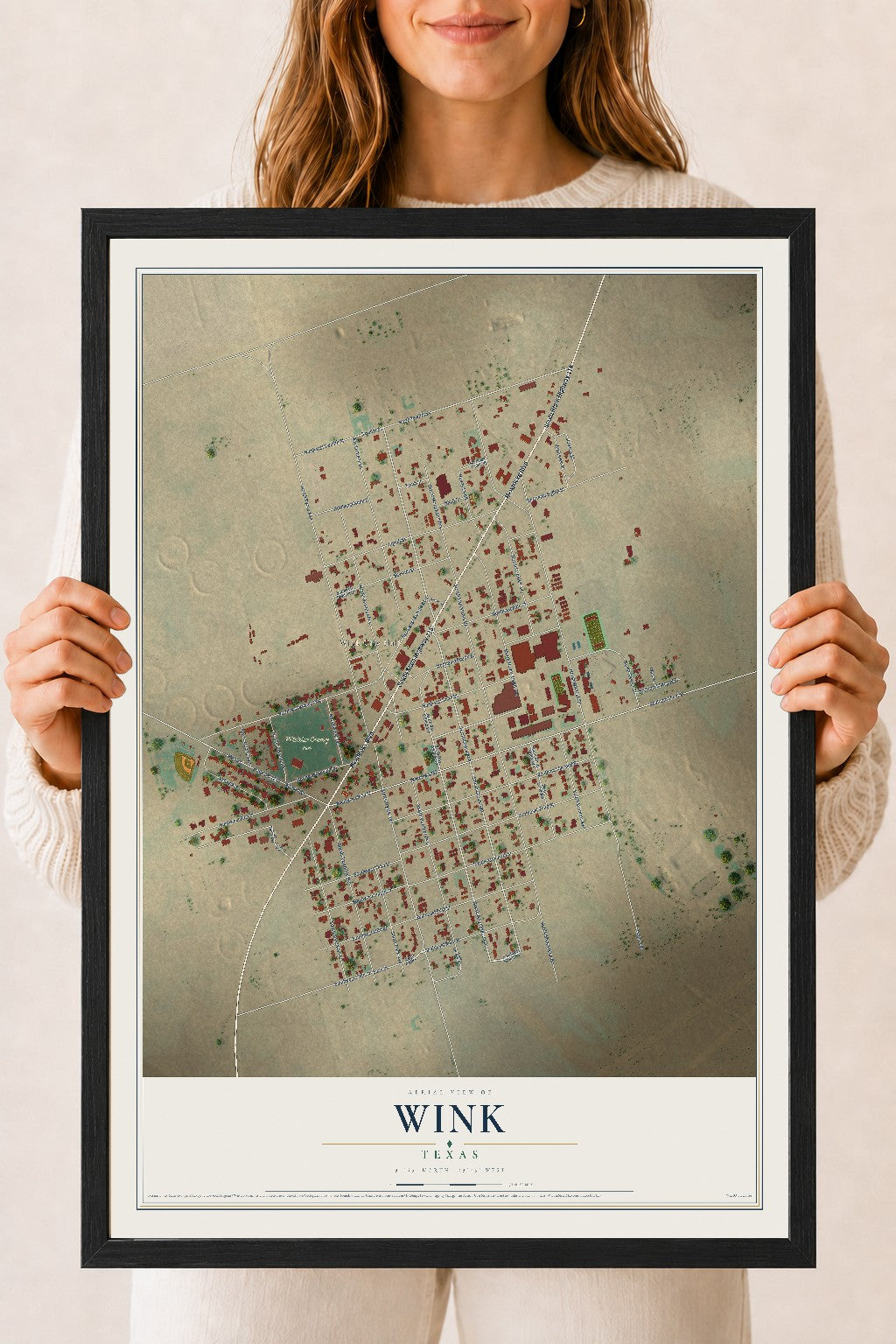Map of Wink, Texas, 18 x 24 inch print in a black wood frame