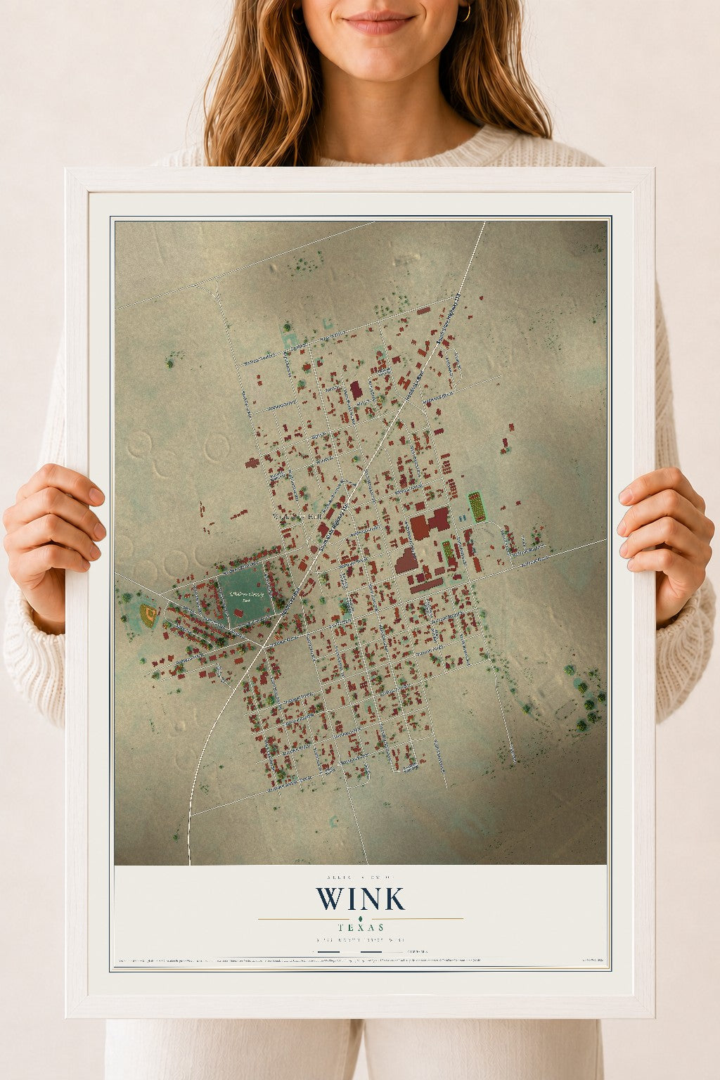Map of Wink, Texas, 18 x 24 inch print in a white wood frame